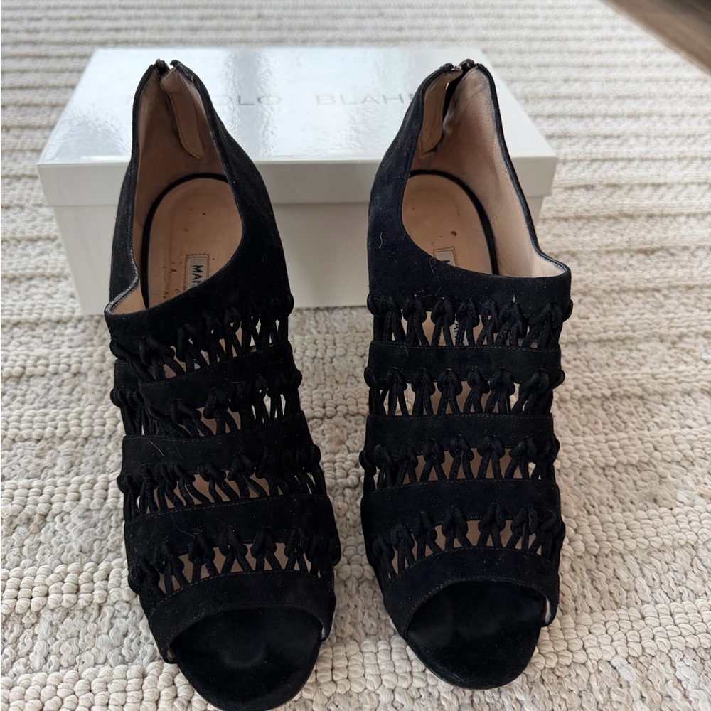 Manolo Blahnik Black Suede Open Toe Heel
